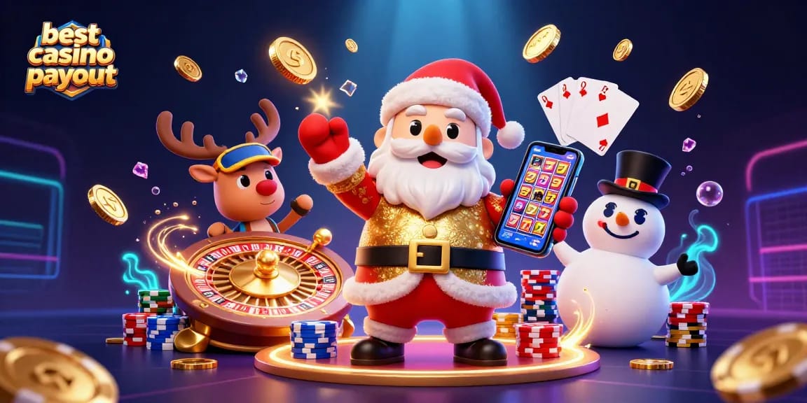 Experience the best casino payout with Santa, a reindeer dealer, and a poker chip snowman.