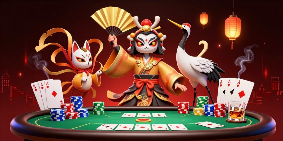 Experience winning moments at RealSpin with a kabuki warrior amidst poker riches.