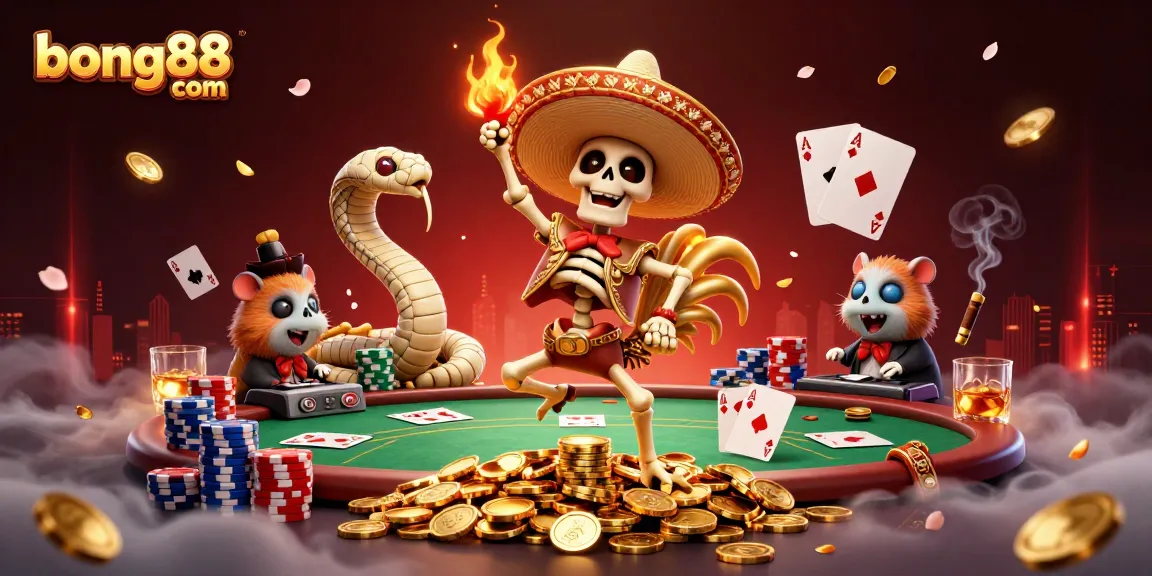 Experience the vibrant excitement of bong88 com with a festive victory dance in dazzling casino-themed illustration.
