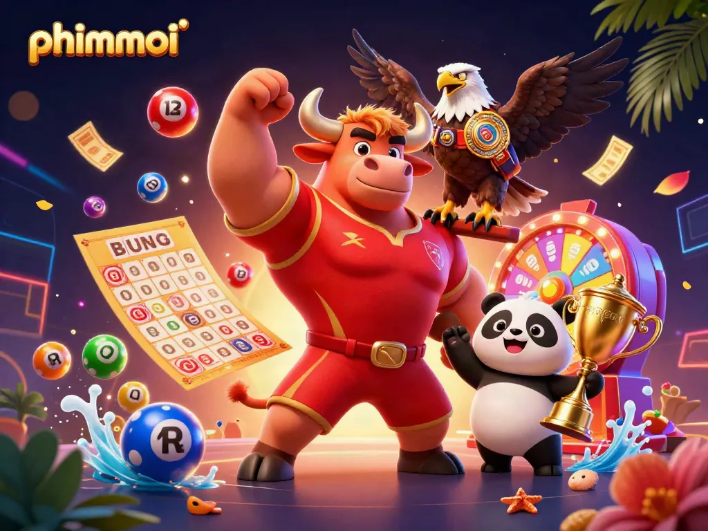 Engage with phimmoi* casino excitement featuring a bull mascot and eagle in a vibrant 3D illustration.