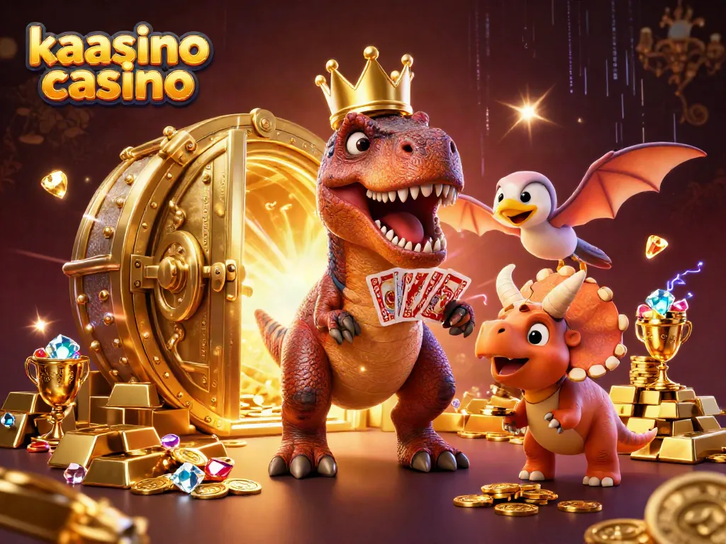 Kaasino casino features a 3D T-Rex character shuffling cards with pterodactyl assistance amidst gold treasures.