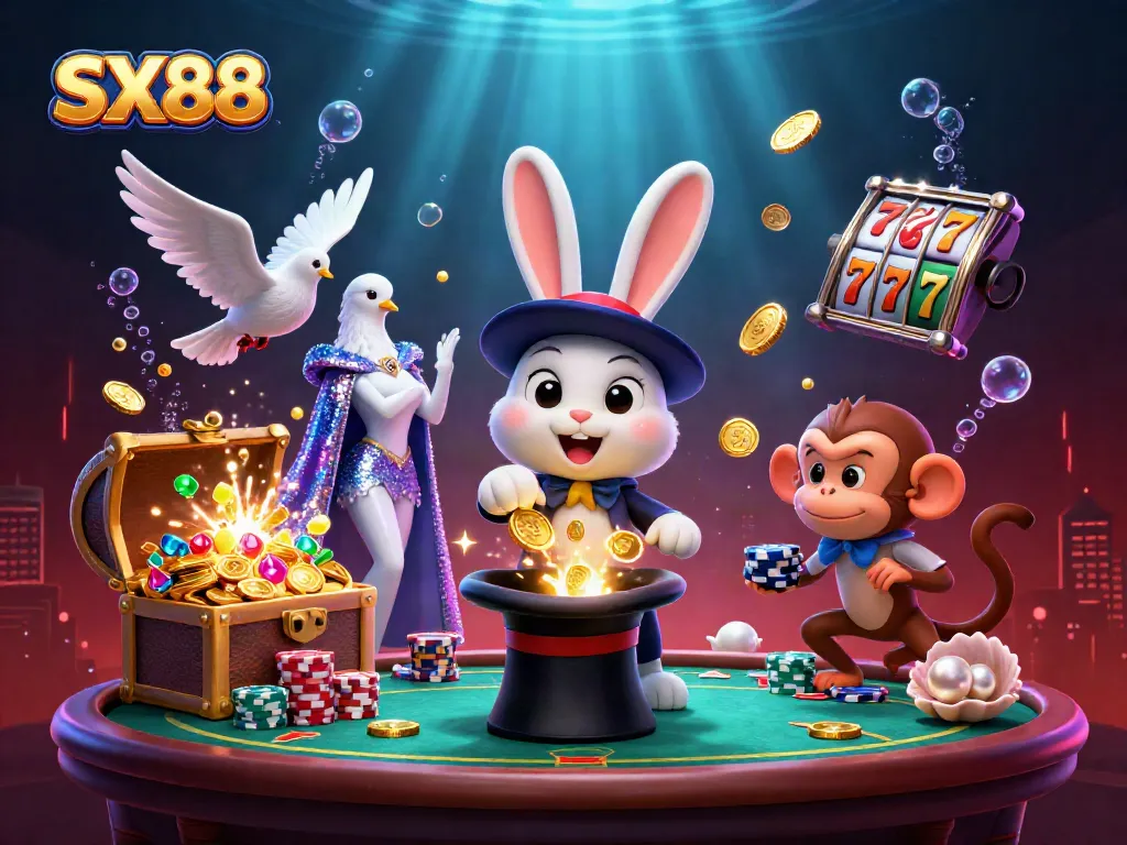 SX88 magician rabbit conjures coins amidst a vibrant casino scene filled with dynamic game elements.