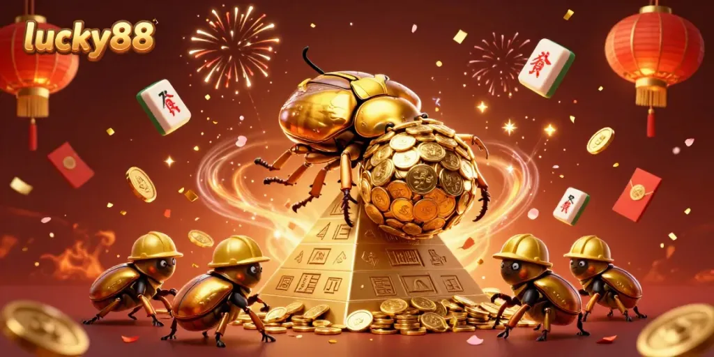 Experience the excitement of lucky88 with a massive golden beetle rolling coins in a vibrant casino setting.