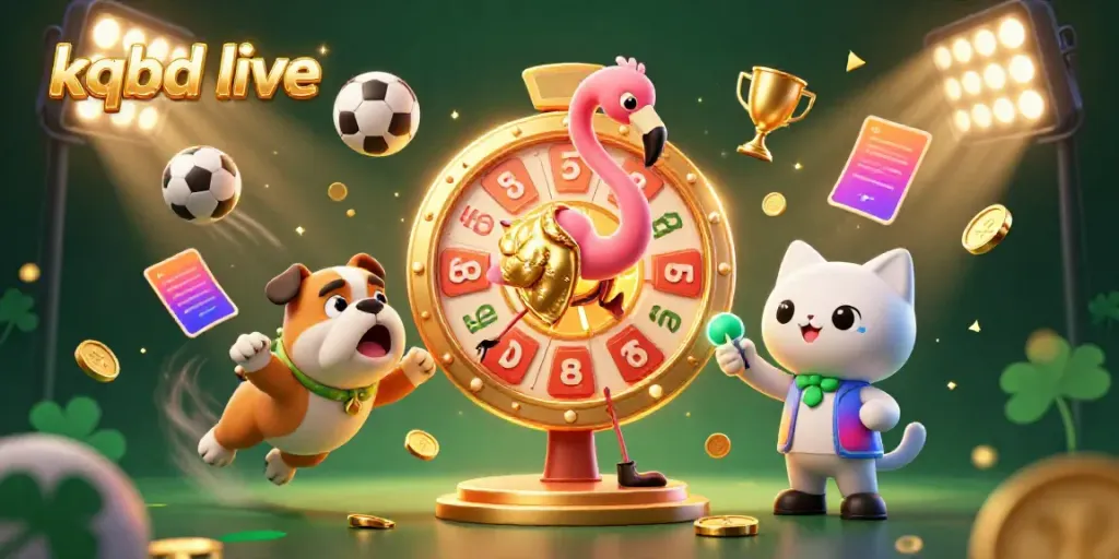 Experience the excitement of kqbd live with a colorful scene involving a flamingo host spinning a prize wheel and sports elements.