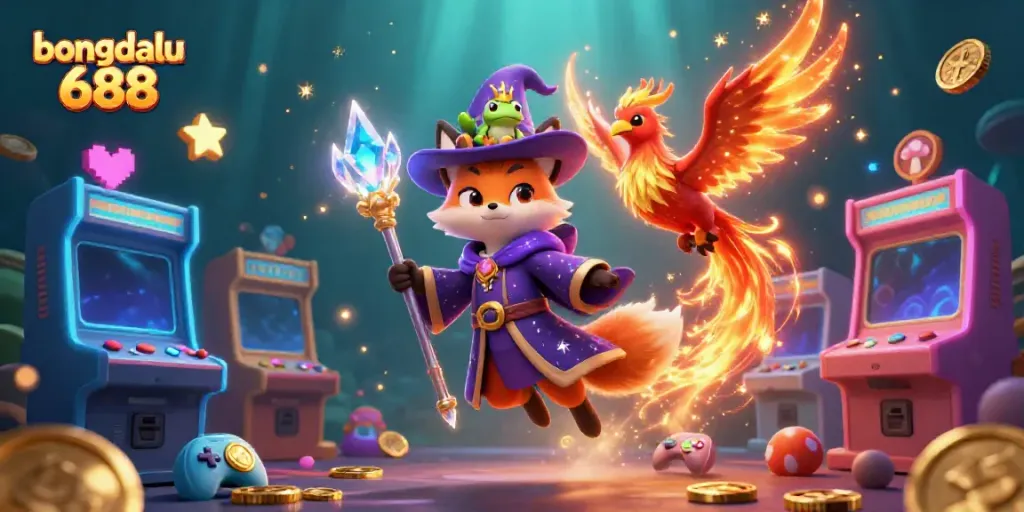 Experience the excitement of bongdalu 688 with a mystical wizard and phoenix in a vibrant gaming scene!