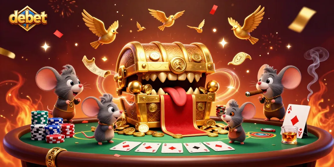 Experience thrilling wins with the debet treasure chest and poker setup in a vibrant casino scene.