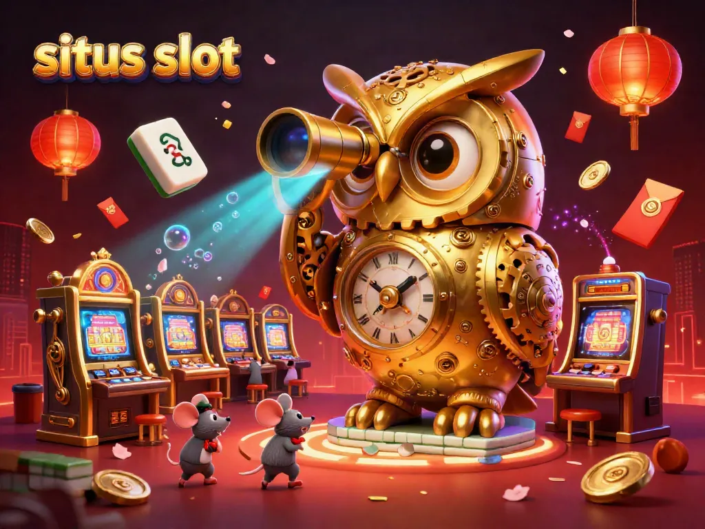 Experience the excitement of situs slot with a vibrant scene featuring a golden owl beside brass slot machines.