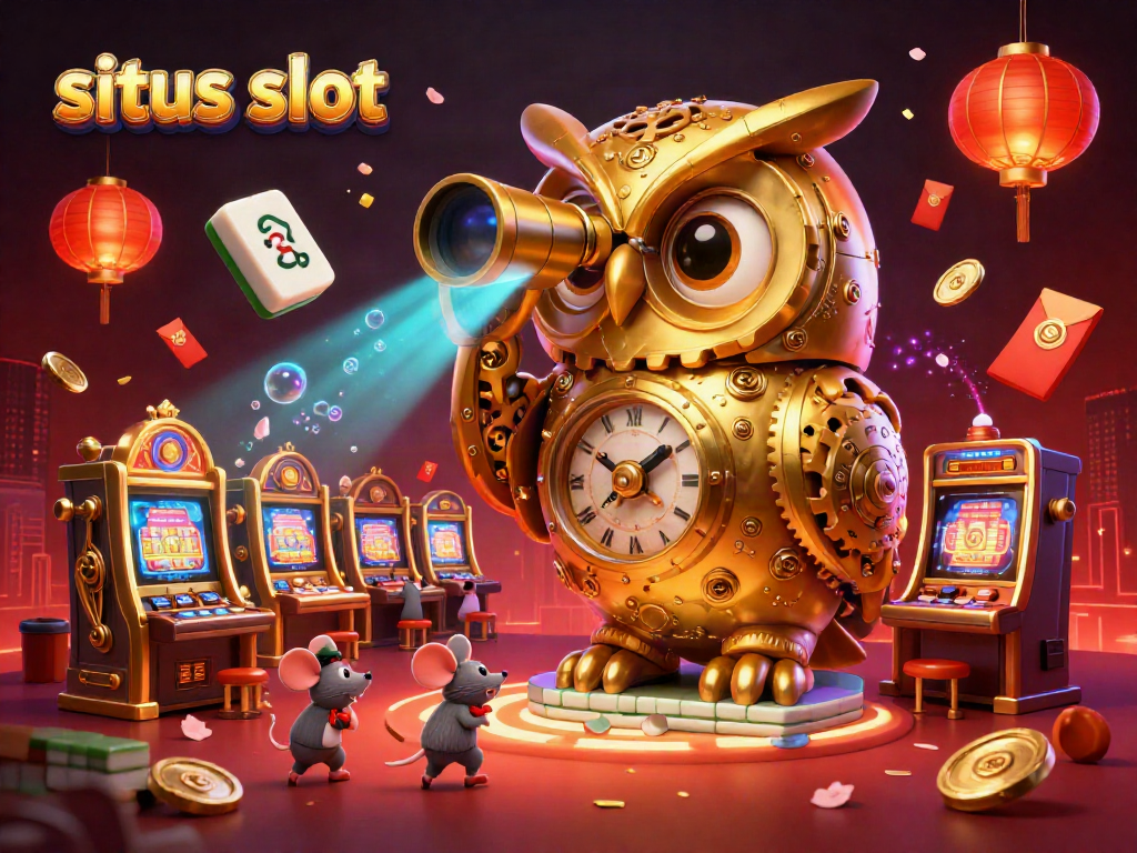 Experience the excitement of situs slot with a vibrant scene featuring a golden owl beside brass slot machines.