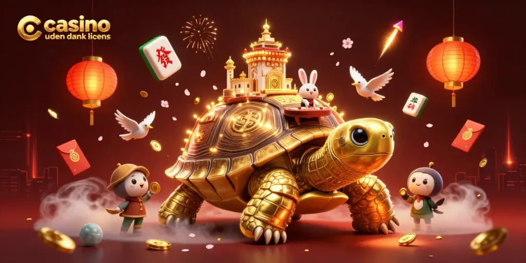 Engage with casino uden dansk licens visuals featuring a golden tortoise with a casino palace on its shell.