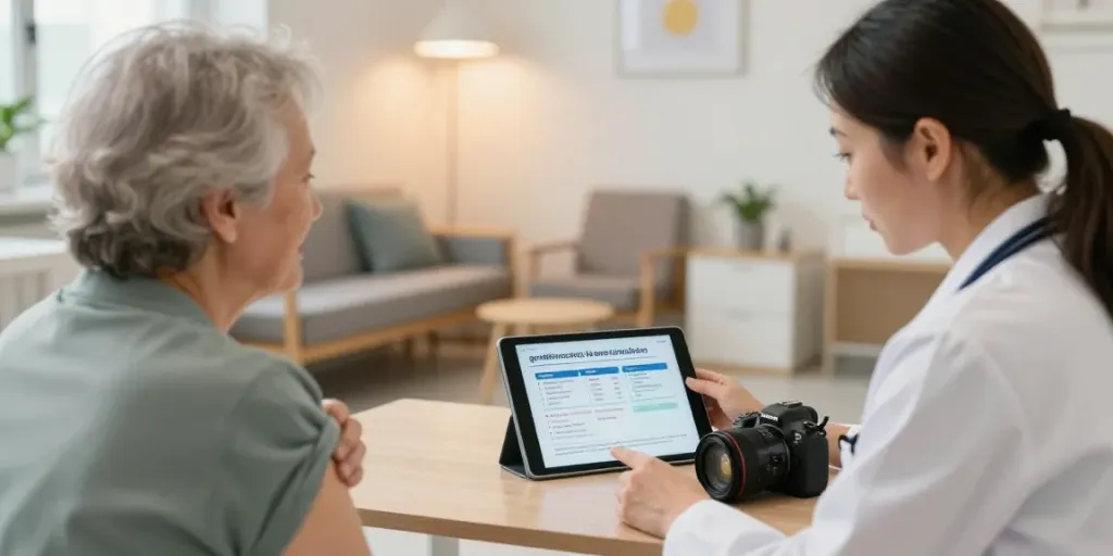 Gesprek over gordelroos vaccinatie tussen arts en oudere patiënt in moderne kliniek.