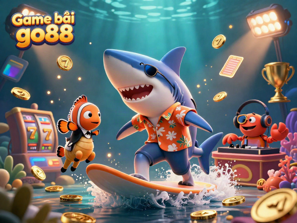 Engage in the thrill of Game bài go88 with colorful characters surfing on gold coins amidst casino elements.