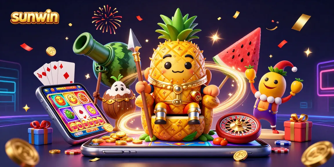 Experience the excitement of sunwin with a golden pineapple king and lively casino elements.