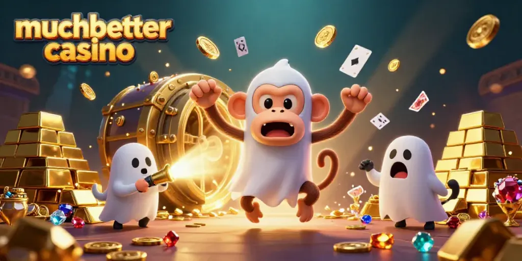 Experience the excitement of muchbetter casino with a playful monkey juggling gold coins and a curious puppy tracking in a vibrant casino.