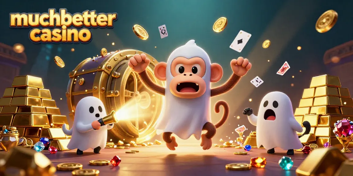 Experience the excitement of muchbetter casino with a playful monkey juggling gold coins and a curious puppy tracking in a vibrant casino.