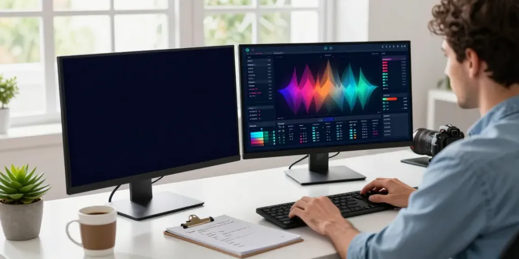 Trackbase analytics professional analyzing gaming statistics on dual monitors in a bright office