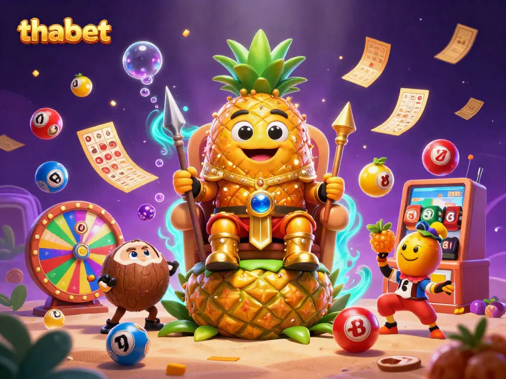 Experience the thrill of gaming at Thabet with this vibrant, dynamic illustration featuring the royal pineapple king and thrilling casino elements.