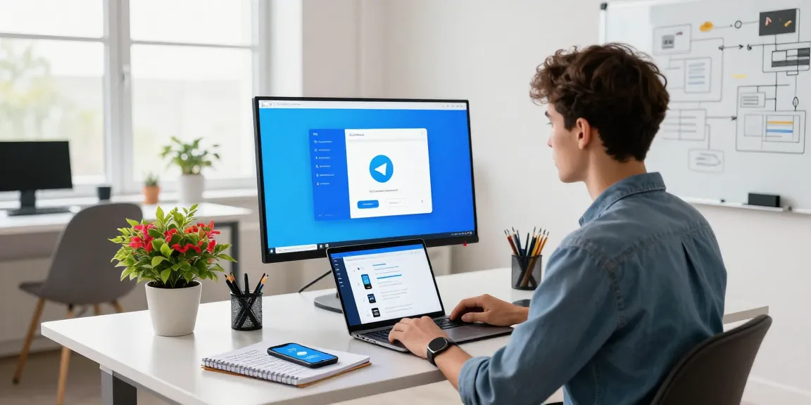 Download Telegram on a sleek workspace desk with tech gadgets and apps displayed.