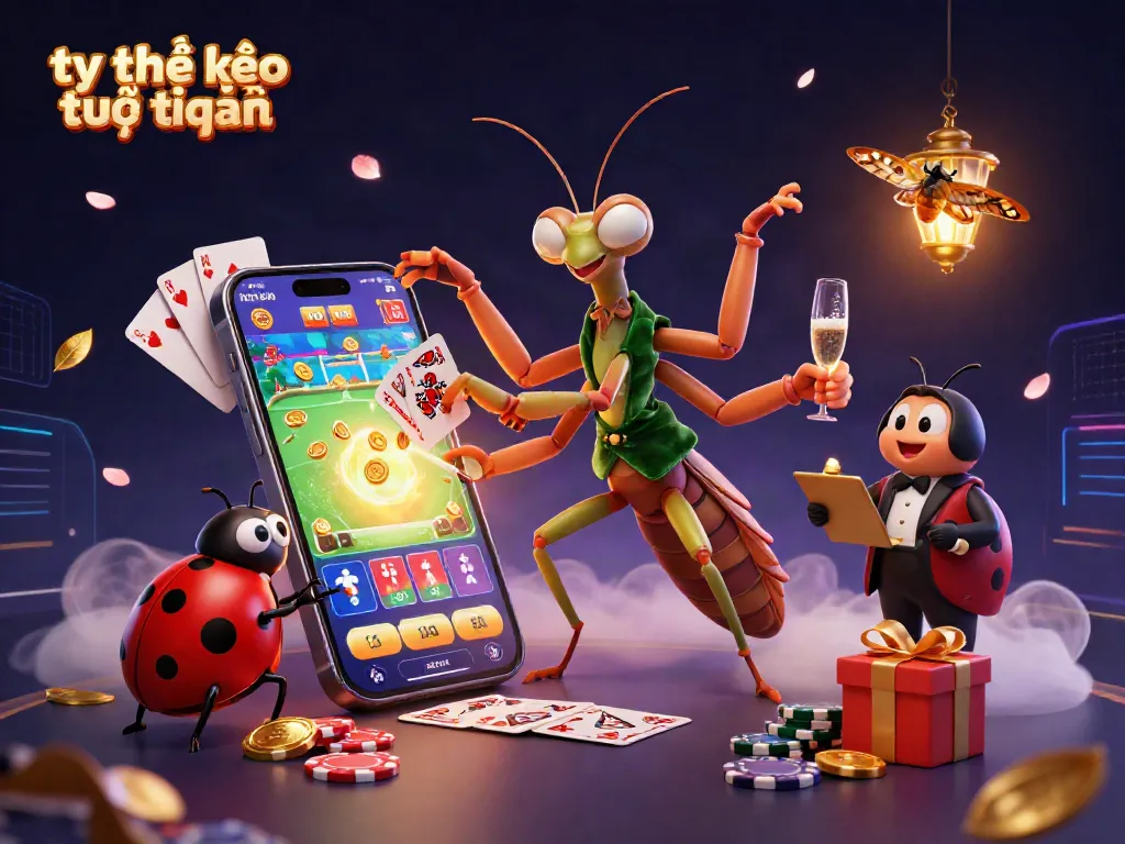 Engage in tỷ lệ kèo trực tuyến with a colorful 3D illustration showcasing dynamic card game action and betting excitement.