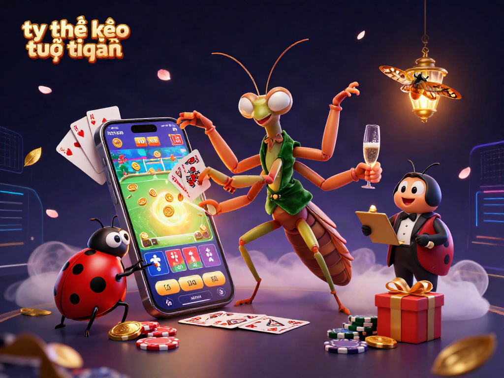 Engage in tỷ lệ kèo trực tuyến with a colorful 3D illustration showcasing dynamic card game action and betting excitement.