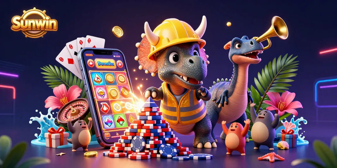 Sunwin engages players with a vibrant 3D illustration showing triceratops building poker chip pyramids and slot games.