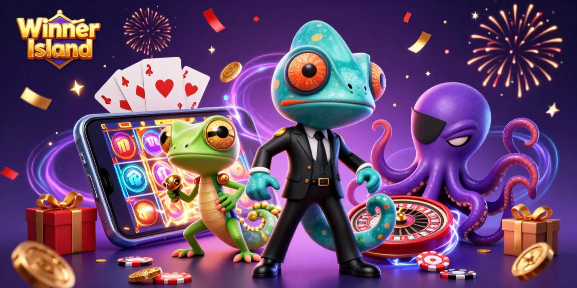 Winner Island casino-themed illustration with a secret agent chameleon, tech-gecko, and villainous octopus amidst slot games and poker elements
