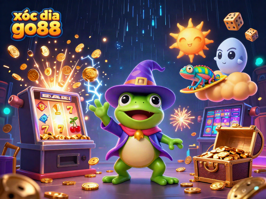 Xóc đĩa go88 illustration shows a weather wizard frog creating golden storm, surrounded by a chameleon and casino game elements.