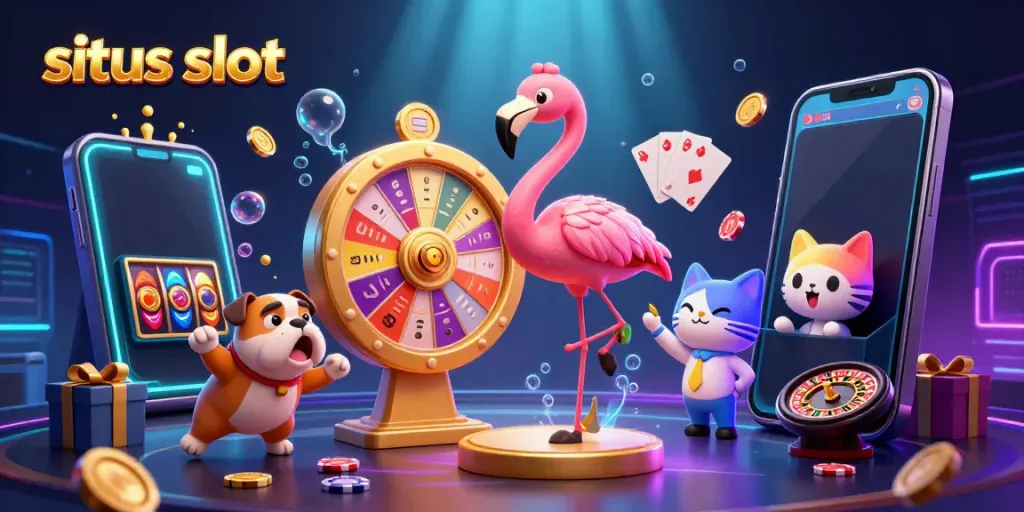Experience the excitement of situs slot wins with a lively game show scene featuring characters and slot elements.