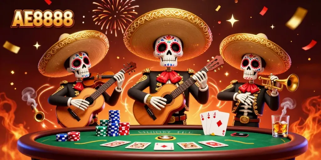 Experience the AE8888 excitement with a vibrant skeleton mariachi band around a poker table.