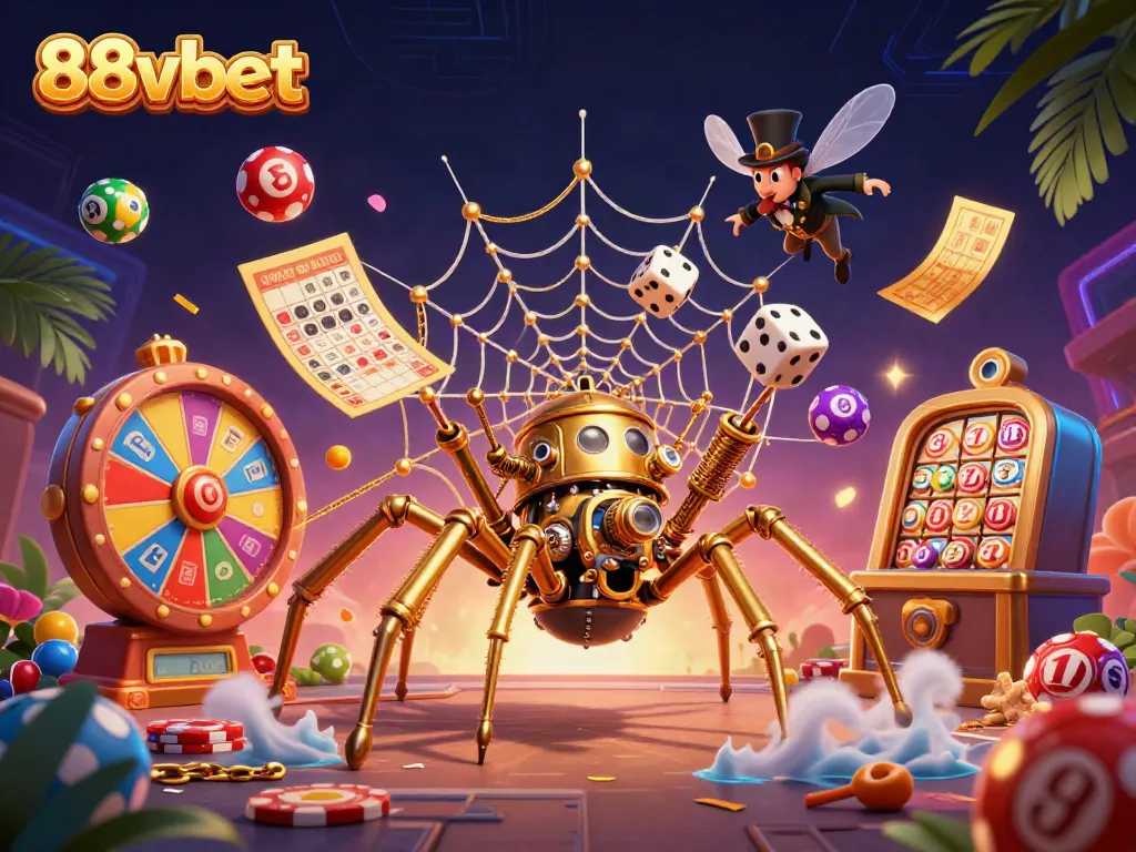 Catch exciting moments with 88vbet's intricate casino-themed web featuring golden characters and vibrant elements.