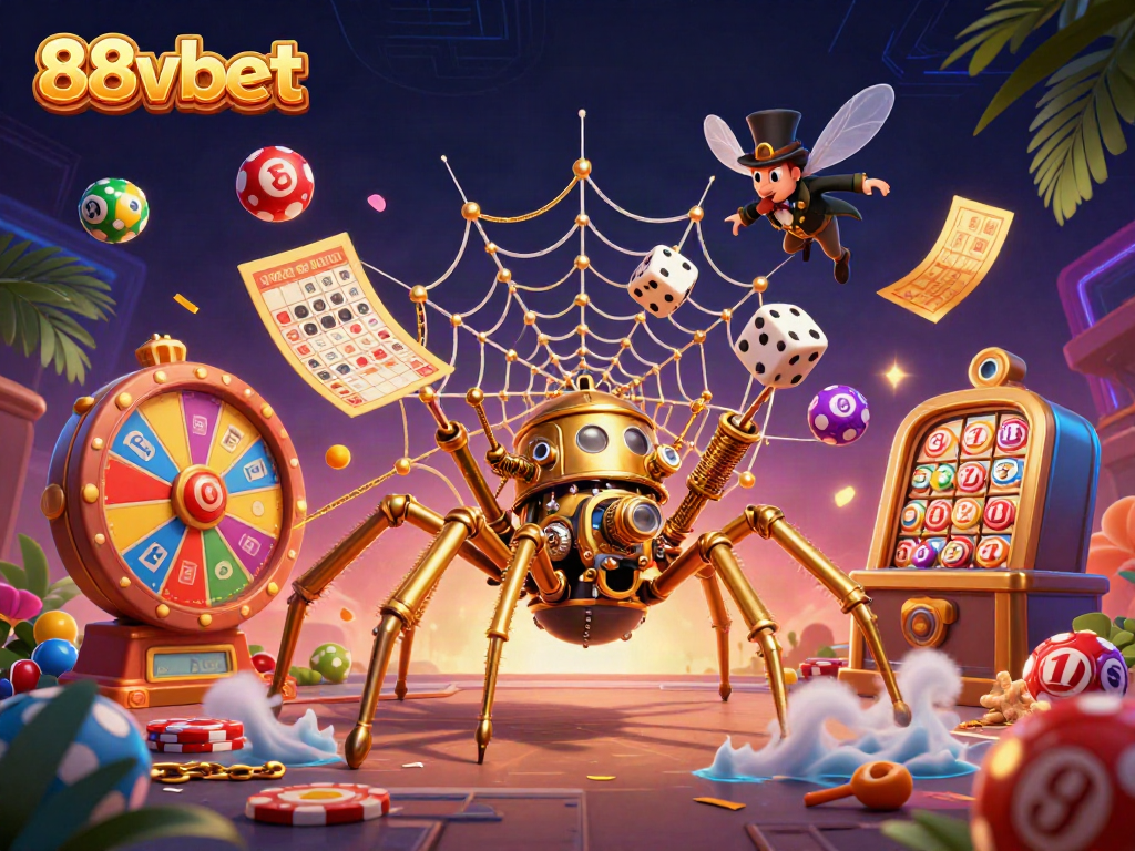 Catch exciting moments with 88vbet's intricate casino-themed web featuring golden characters and vibrant elements.