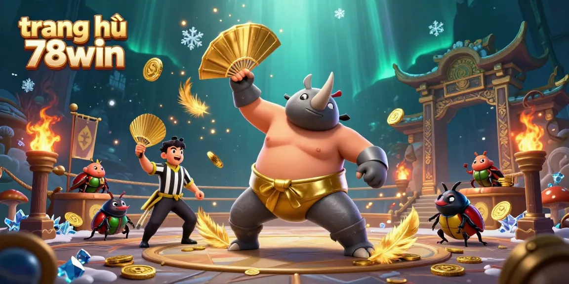 Experience the thrill of trang chủ 78win as the sumo beetle champion stomps, sending coins flying in a vibrant casino scene.
