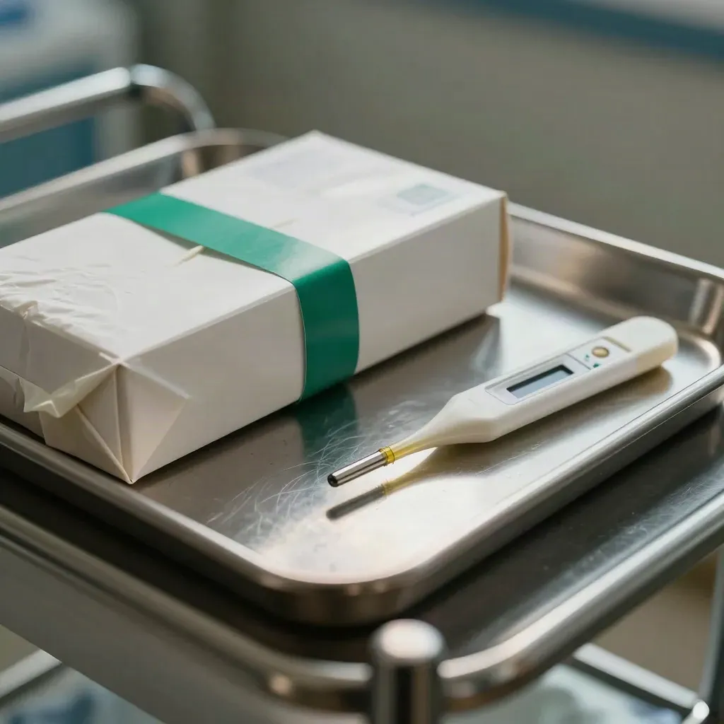 Glovebox, stalen tray en thermometerkoker in warme ziekenhuisstilte