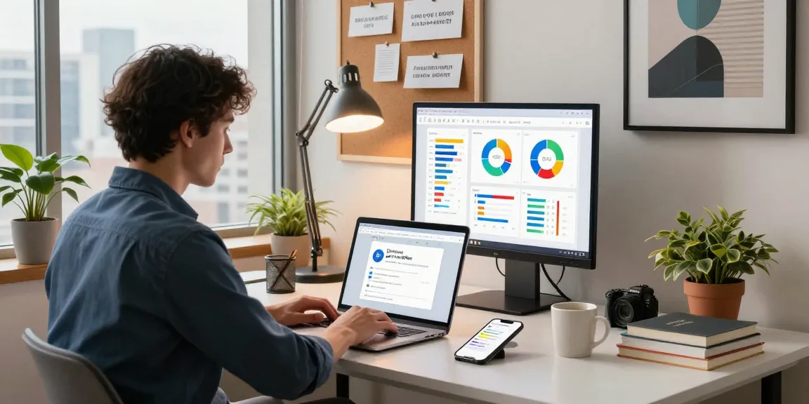 Download WPS Office in a stylish modern workspace with charts, coffee, and city views.