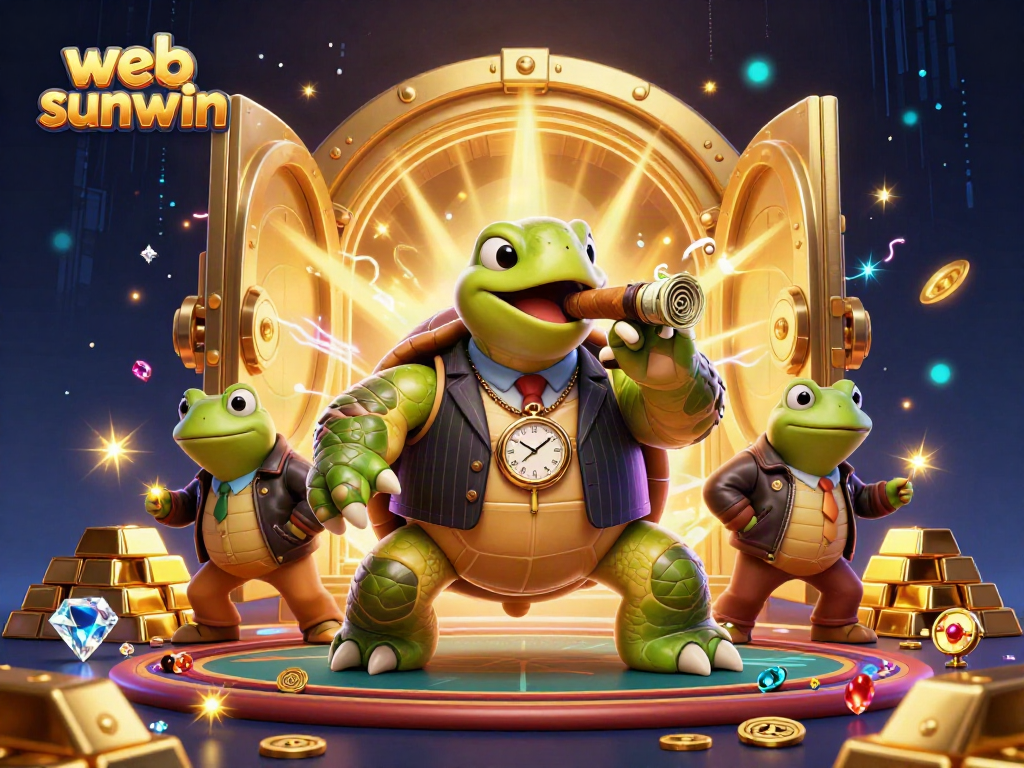 Experience the web sunwin gaming world with this vibrant casino scene featuring a turtle mobster and bullfrog enforcers.