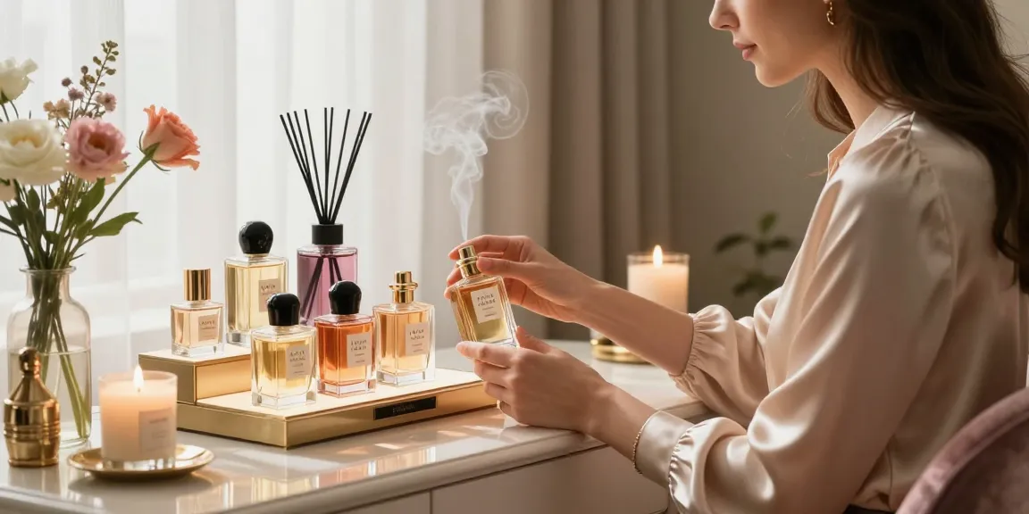 Armaf parfumcollectie opgezet op een luxe kaptafel met een stijlvolle vrouw die haar geur selecteert.