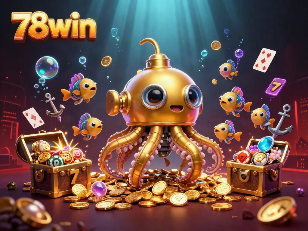 Engage with 78win in an exciting underwater casino adventure featuring a golden kraken and treasure.