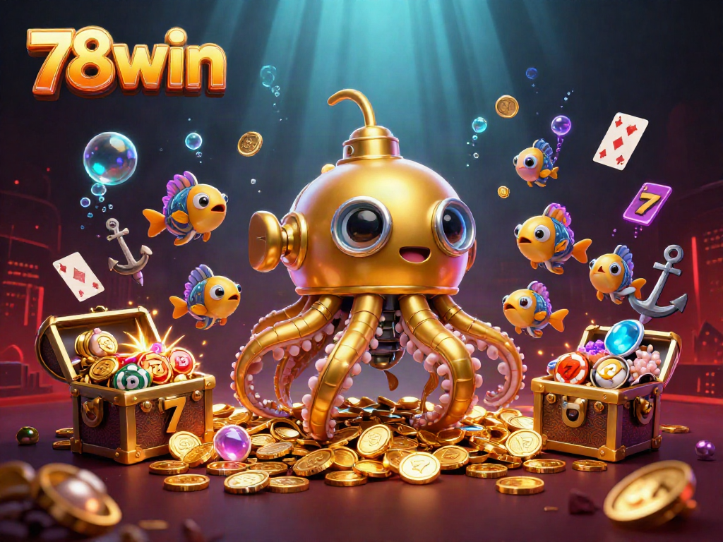 Engage with 78win in an exciting underwater casino adventure featuring a golden kraken and treasure.