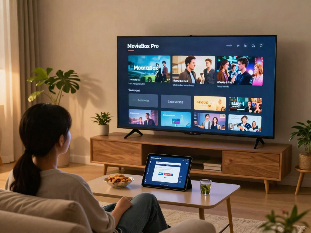 Enjoying MovieBox Pro on PC in a cozy home setup featuring a comfortable couch and snacks.