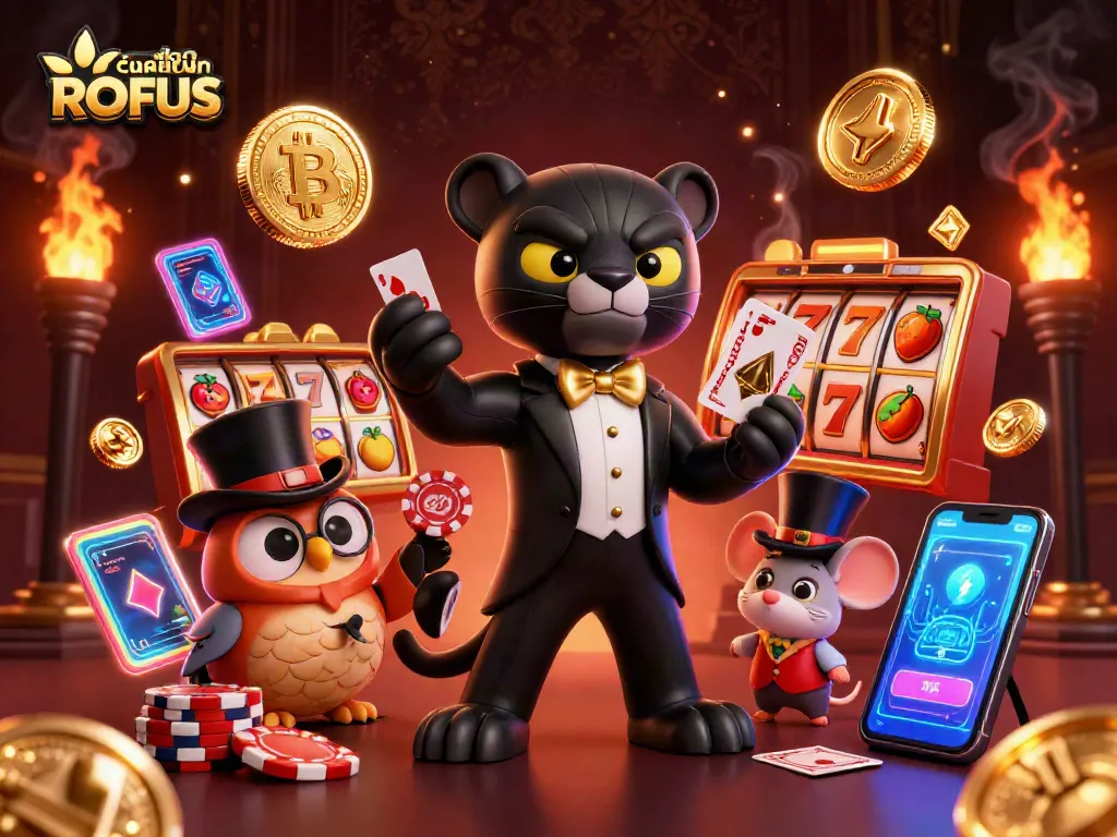 Enjoy thrilling slots at casino uden om ROFUS with stylish panther dealer and lucky card elements.