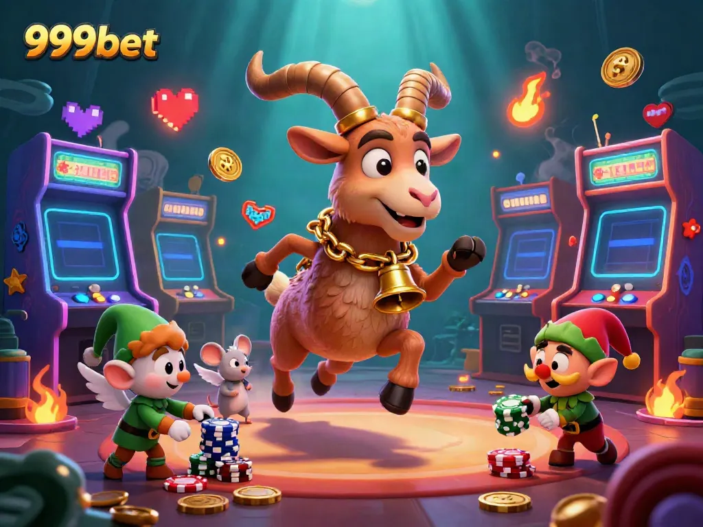 Experience the thrill of 999bet with a lively 3D casino illustration featuring delightful characters amidst vibrant game elements and casino symbols.