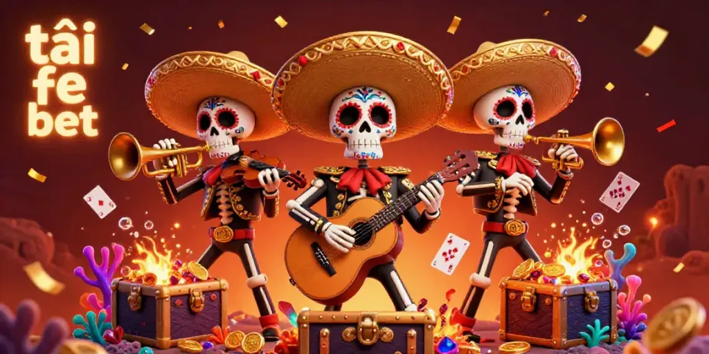 Engage in the carnival-like atmosphere with a vivid 3D illustration of dia de los muertos skeletons in a lively band, capturing the excitement of tải fe bet.