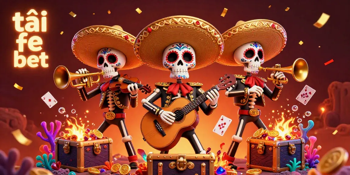 Engage in the carnival-like atmosphere with a vivid 3D illustration of dia de los muertos skeletons in a lively band, capturing the excitement of tải fe bet.