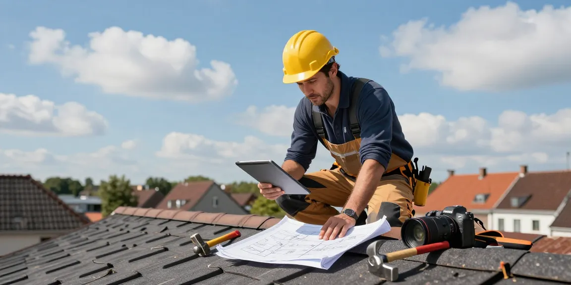 Professional dakdekker den haag inspecting a residential roof with safety gear and tools.