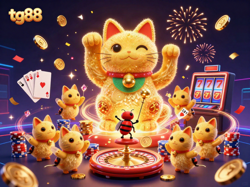 Engage in thrilling casino action with tg88's vibrant lucky cat and golden fireflies illustration.