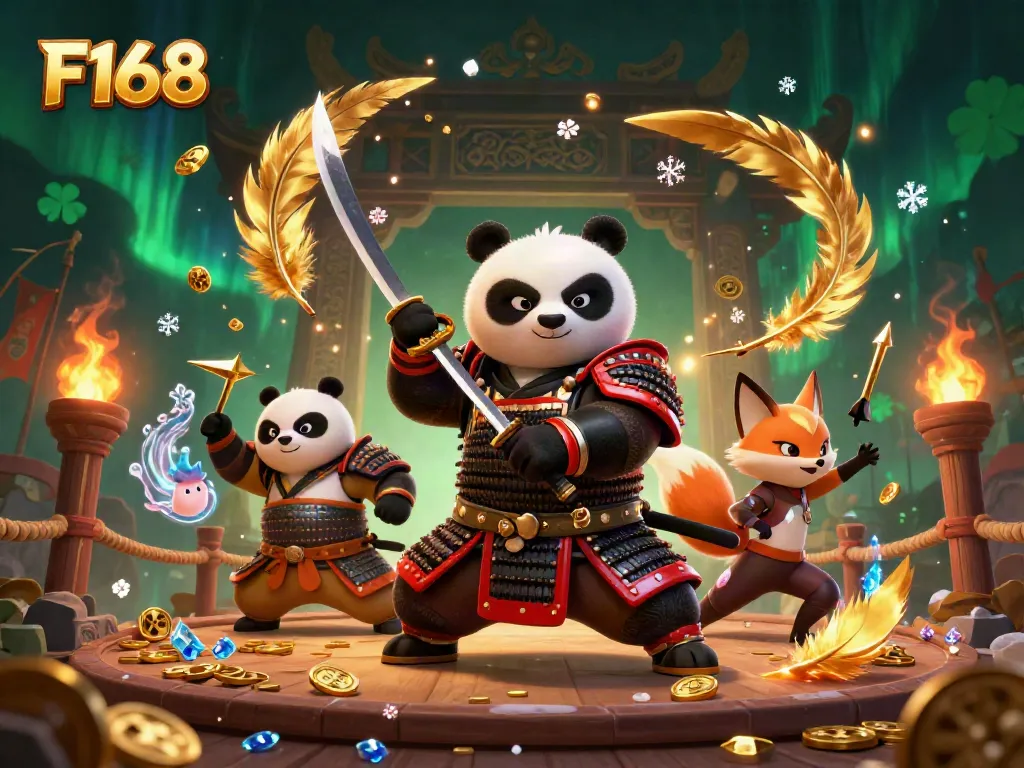 Engage with thrilling F168 casino games depicted in an exciting 3D samurai scene.