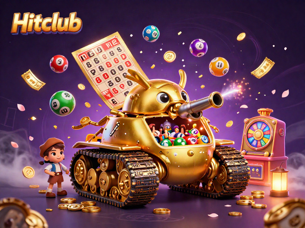 Hitclub's golden tank casino comes alive with a dynamic scene, confetti and lottery balls flying.