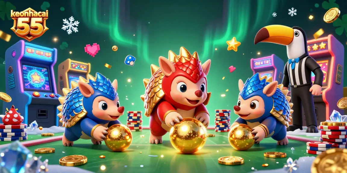 Experience excitement with keonhacai 55 as pangolins roll through poker chips in a vibrant casino game scene.