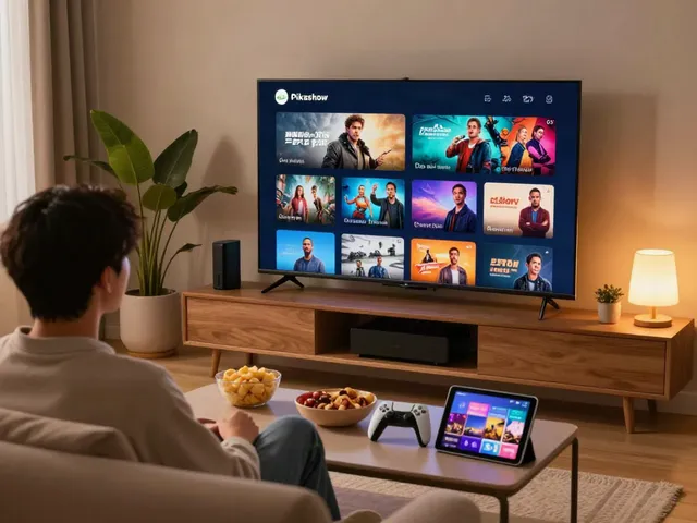 Engaging home streaming with Pikashow on a cozy couch, showcasing vibrant movie options.