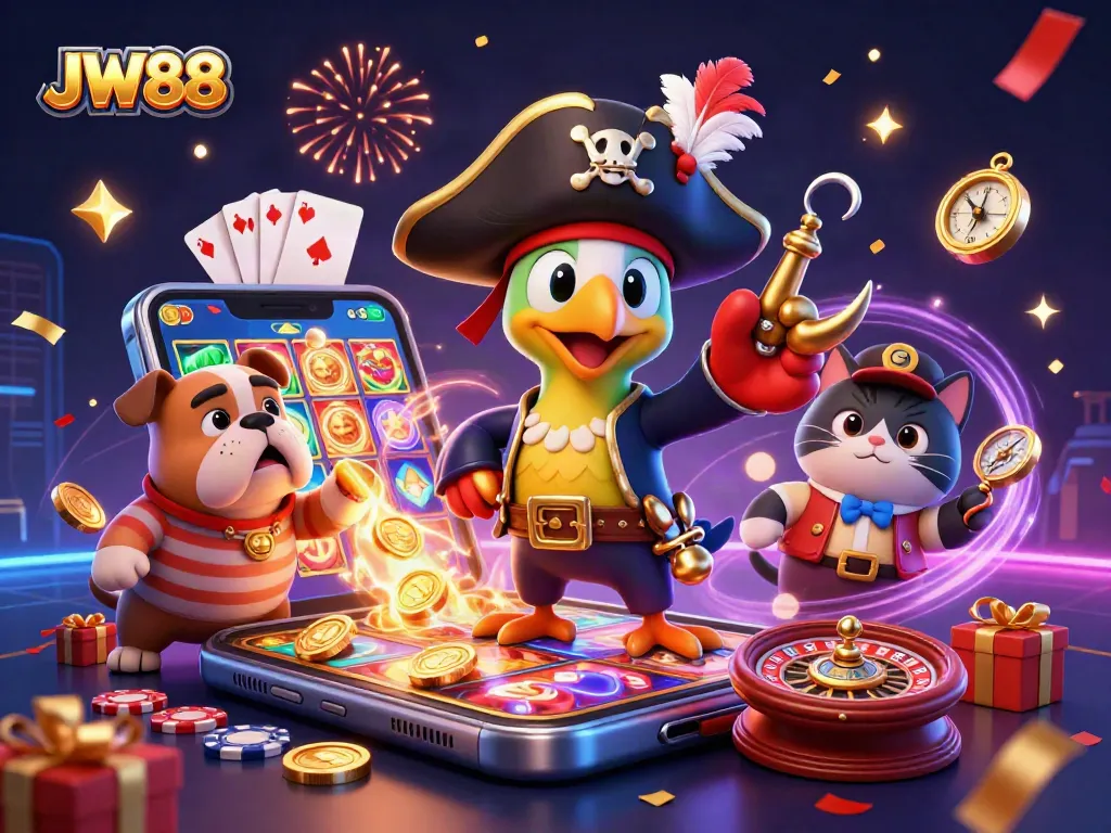 Engage with JW88 as the pirate captain leads a lively casino adventure filled with slots and excitement.