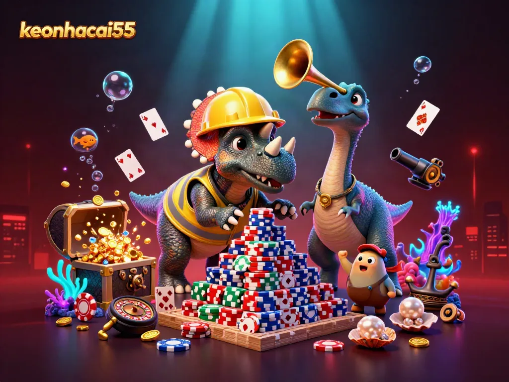 Engage with keonhacai55 at this vibrant casino scene featuring a fun triceratops and exciting game elements.